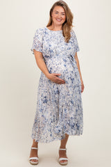 Cream Floral Pleated Maternity Plus Midi Dress