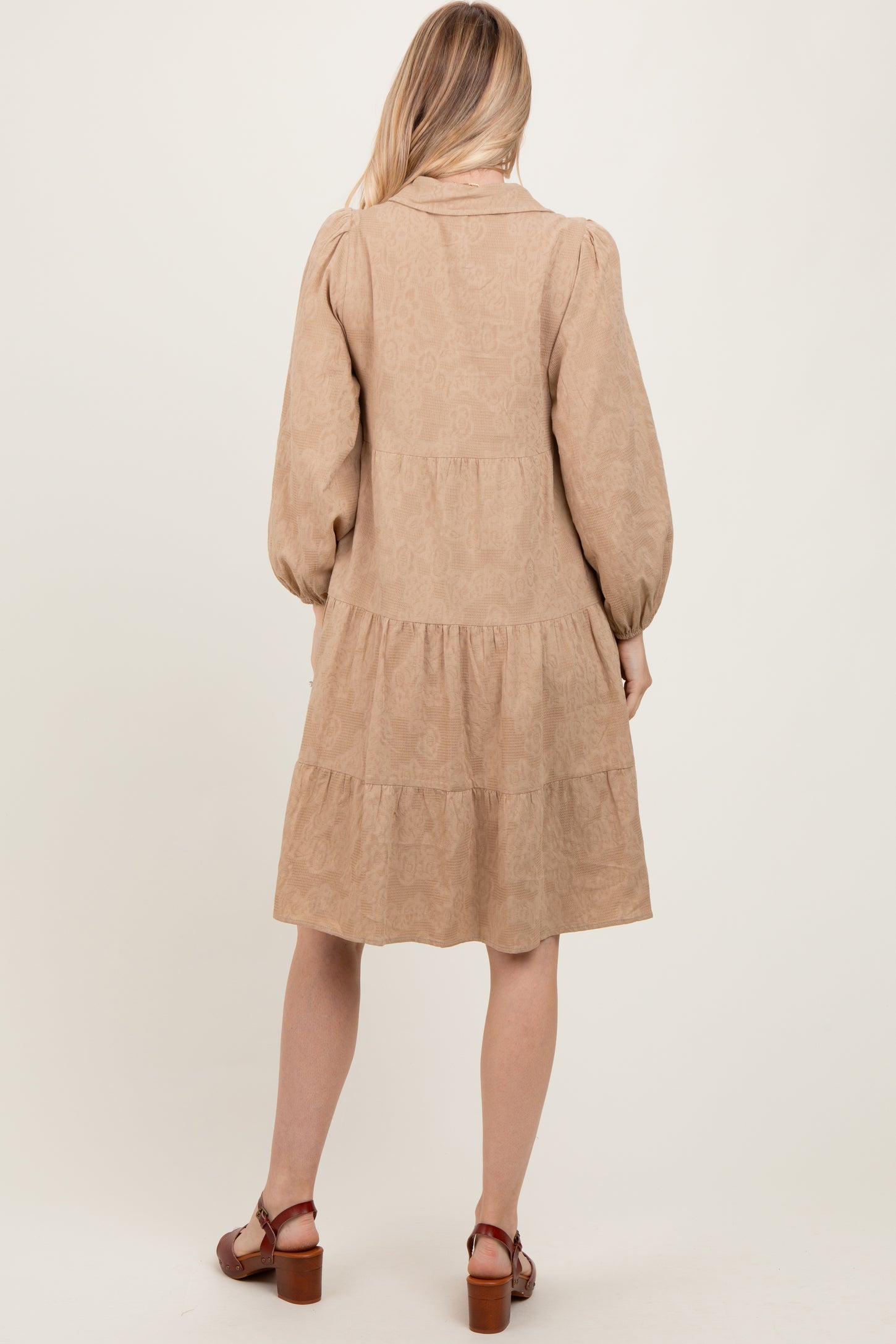 Camel Tiered Button Down Shirt Dress