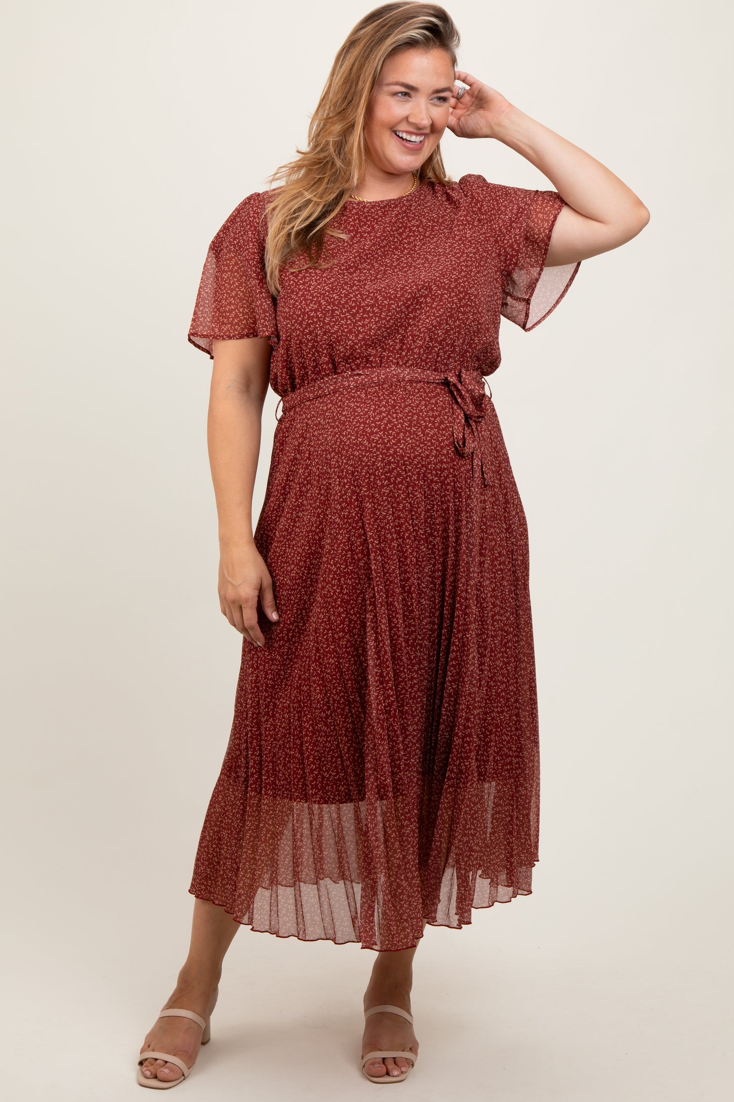 Rust Printed Sash Tie Pleated Maternity Plus Midi Dress