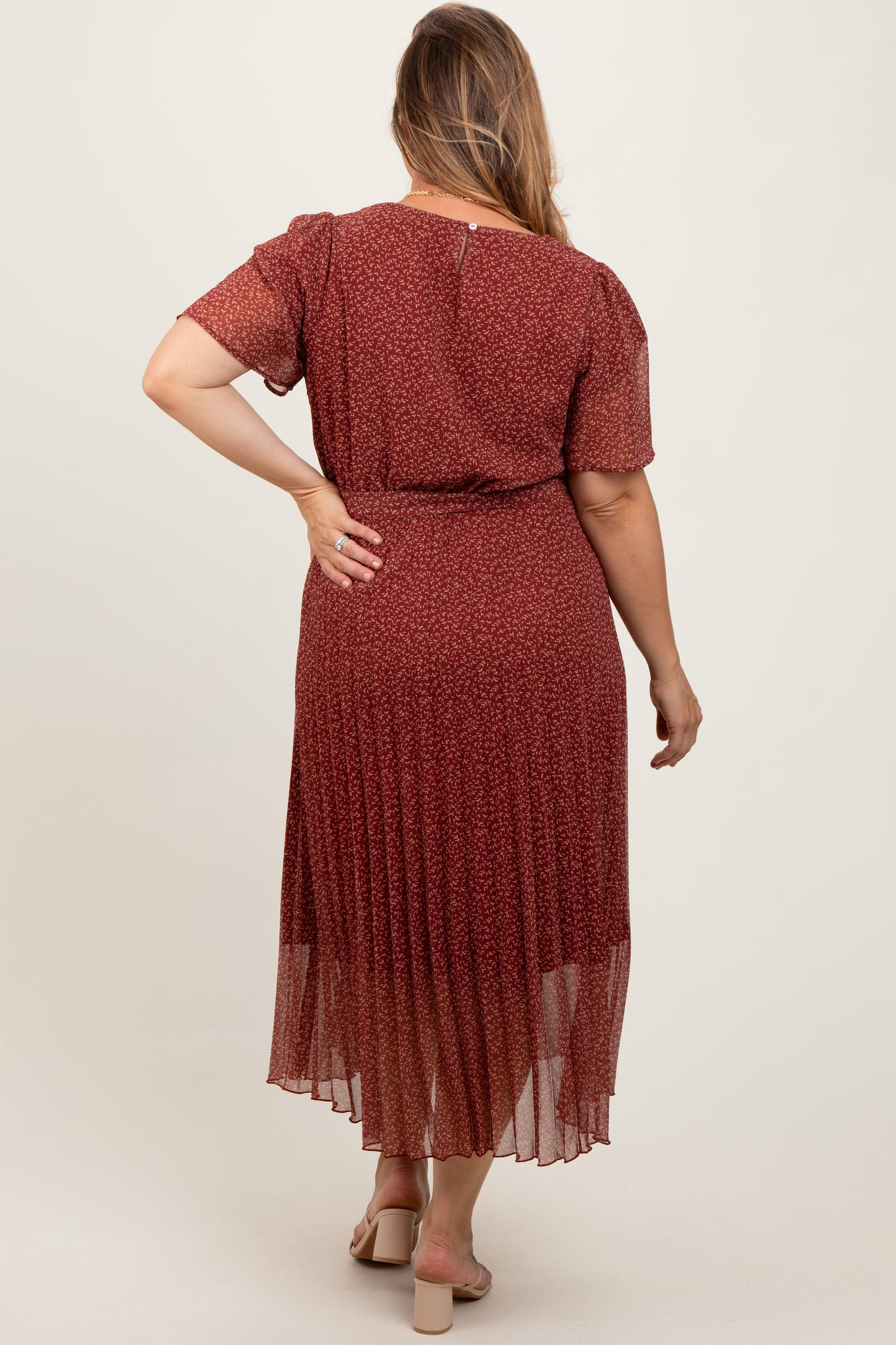 Rust Printed Sash Tie Pleated Maternity Plus Midi Dress