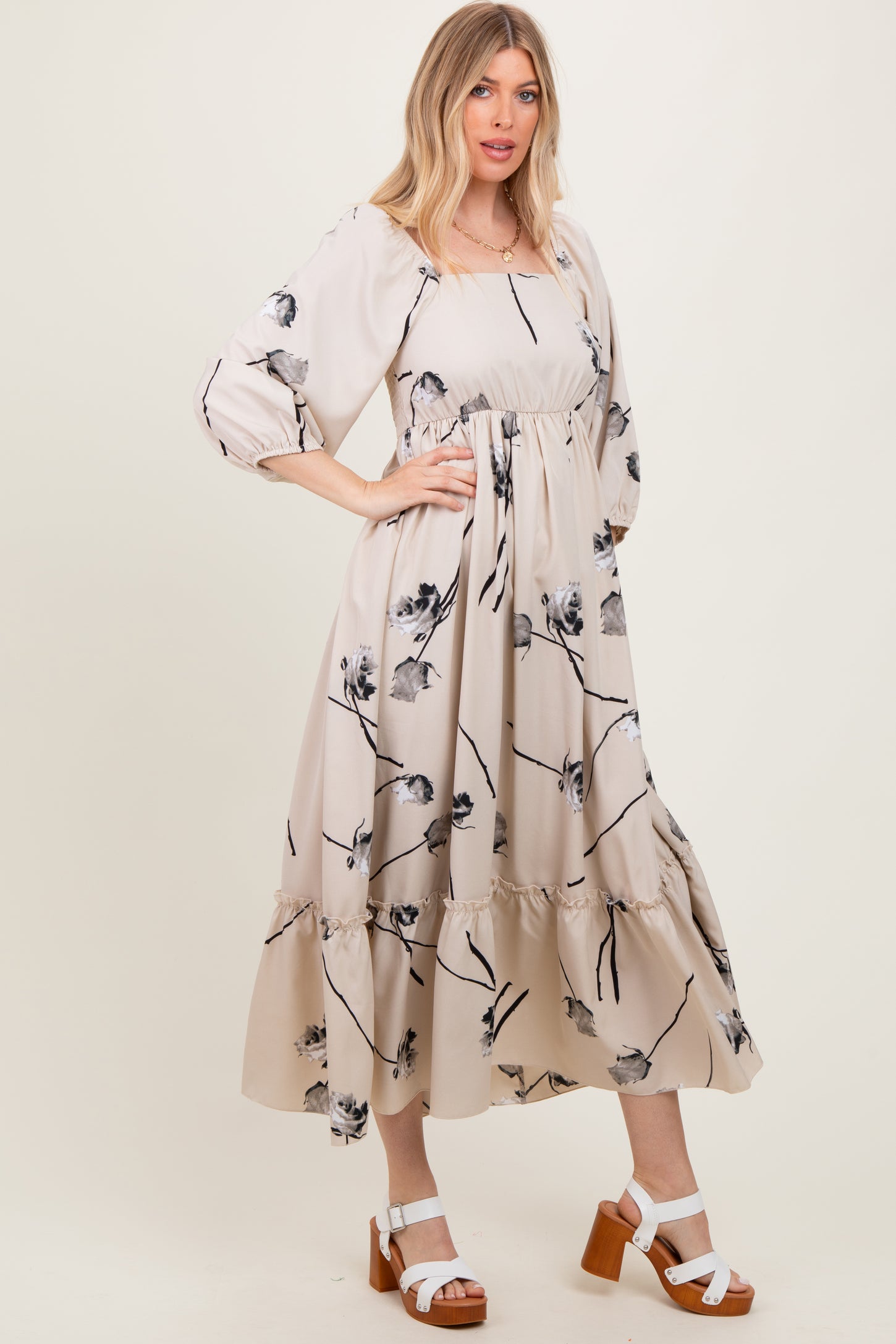 Cream Floral Square Neck Midi Dress