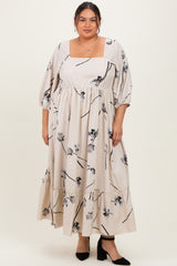 Cream Floral Square Neck Plus Midi Dress