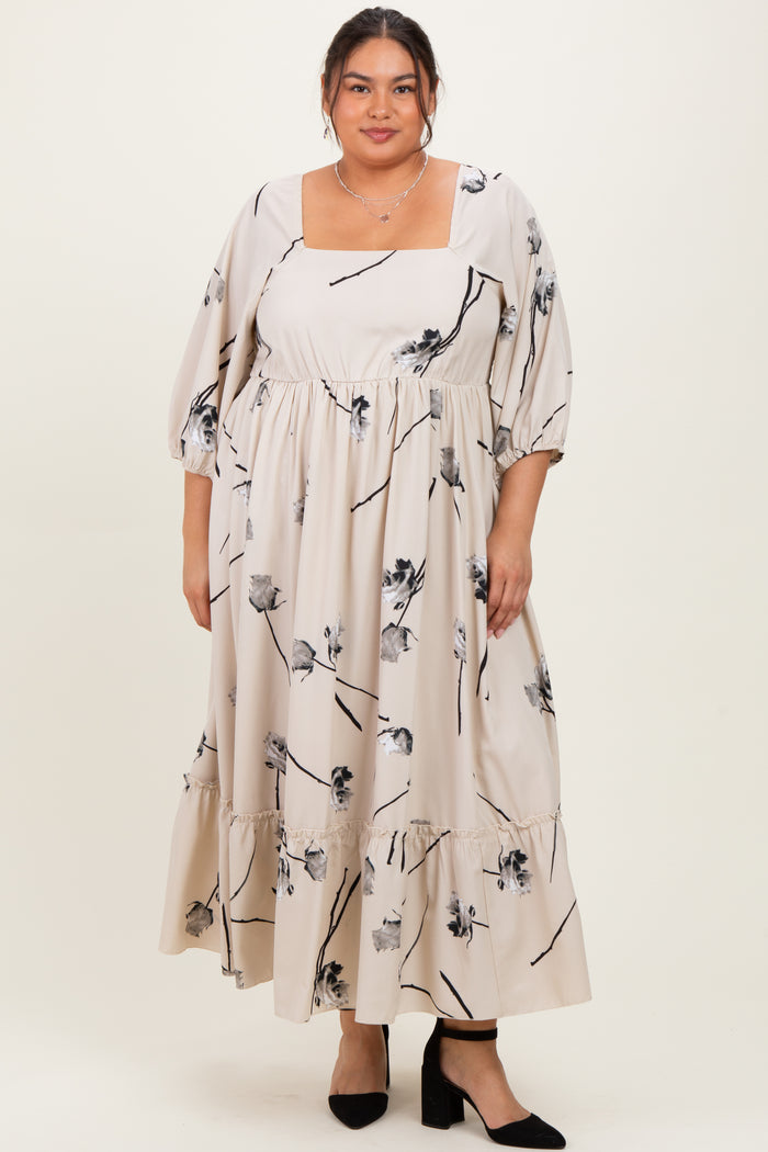 Cream Floral Square Neck Plus Midi Dress
