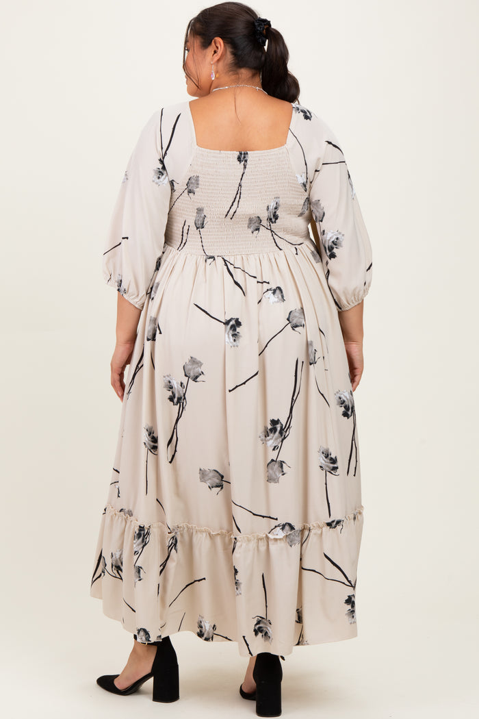 Cream Floral Square Neck Plus Midi Dress