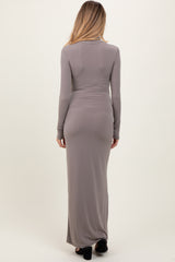 Taupe Turtleneck Long Sleeve Fitted Maternity Maxi Dress