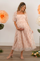Light Pink Floral Mesh Overlay Tie Back Maternity Midi Dress