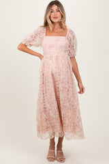 Light Pink Floral Mesh Overlay Tie Back Maternity Midi Dress