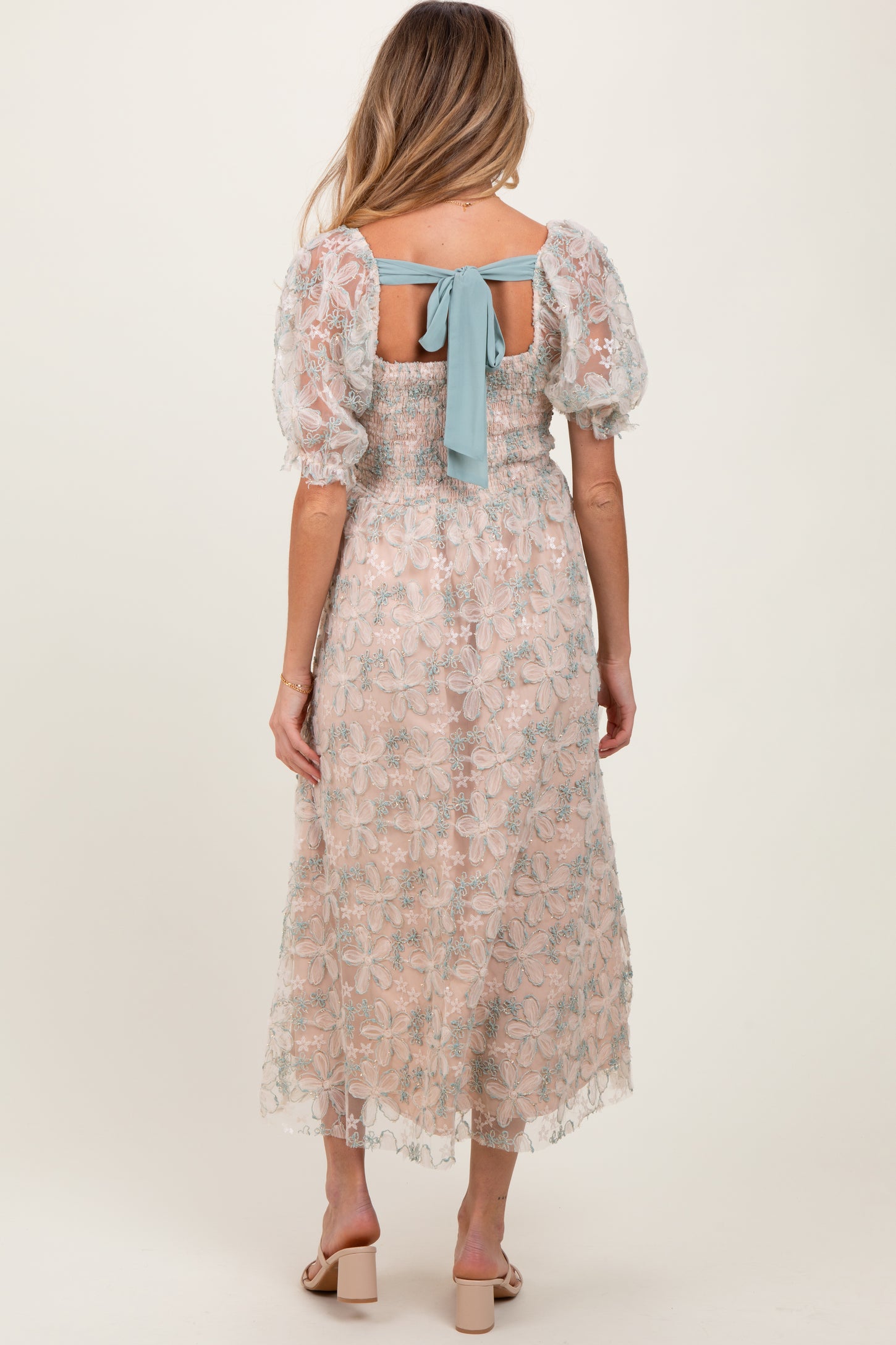 Light Olive Floral Mesh Overlay Tie Back Maternity Midi Dress