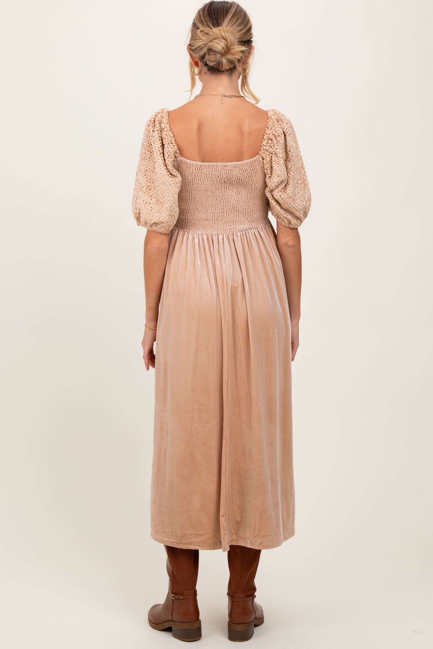 Tan Velvet Contrast Square Neck Maternity Midi Dress