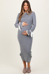 Grey Knit Bow Detail Sleeve Maternity Midi Sweater Dress
