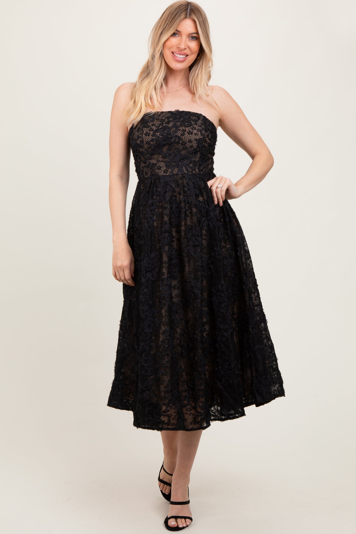 Black Floral Lace Embroidered Overlay Strapless Maternity Midi Dress
