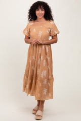 Camel Floral Print Ruffle Hem Maternity Midi Dress