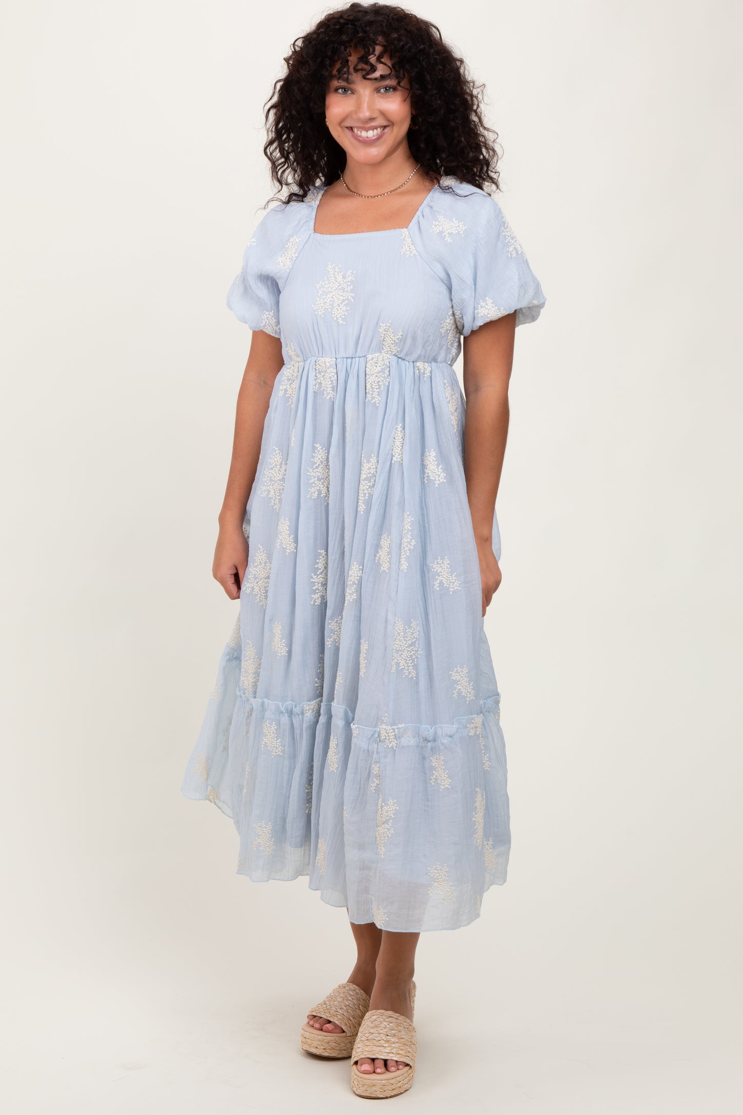 Light Blue Floral Print Ruffle Hem Midi Dress