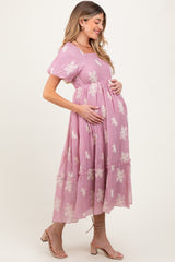 Mauve Floral Print Ruffle Hem Maternity Midi Dress