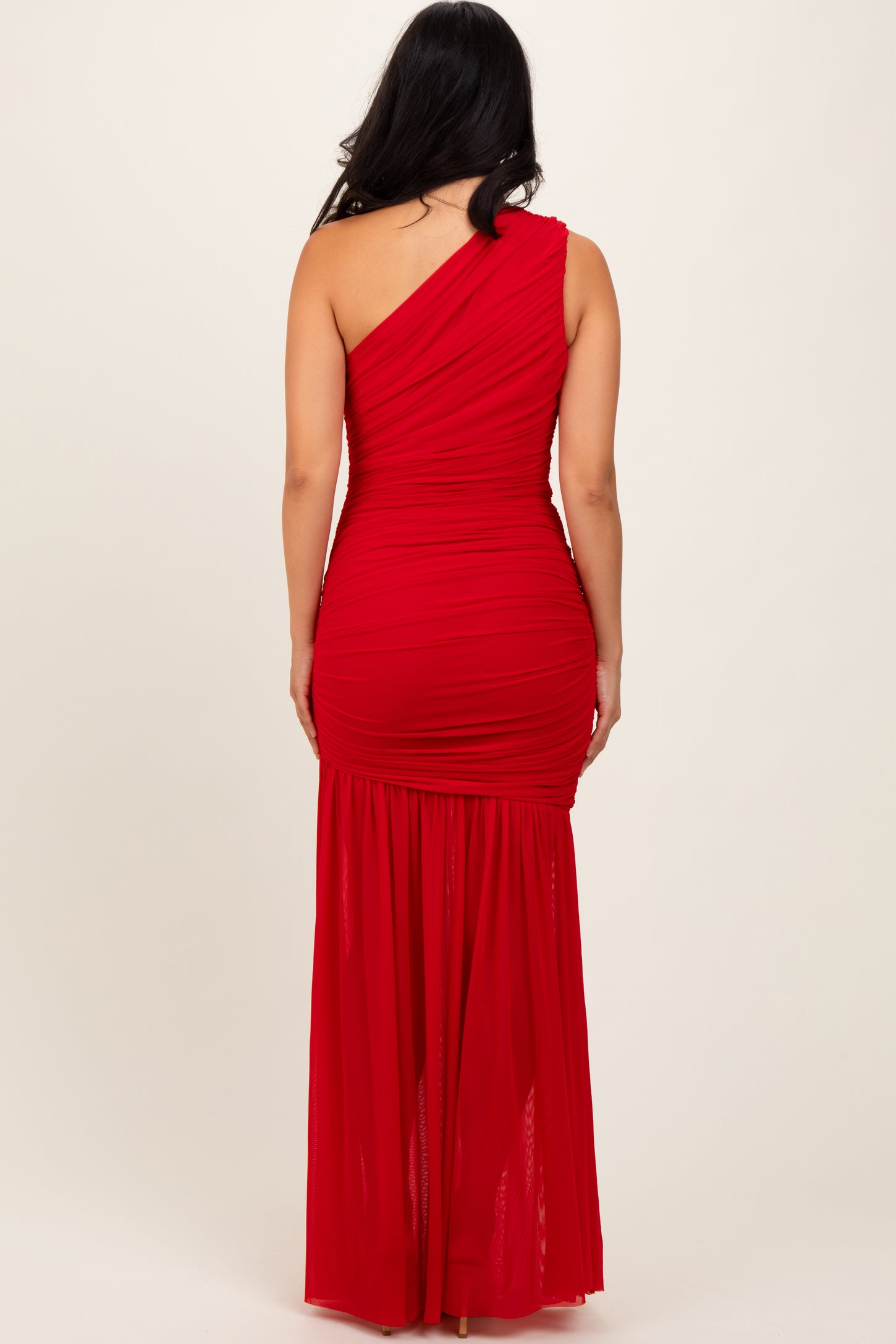 Red Ruched Mesh One Shoulder Maxi Dress