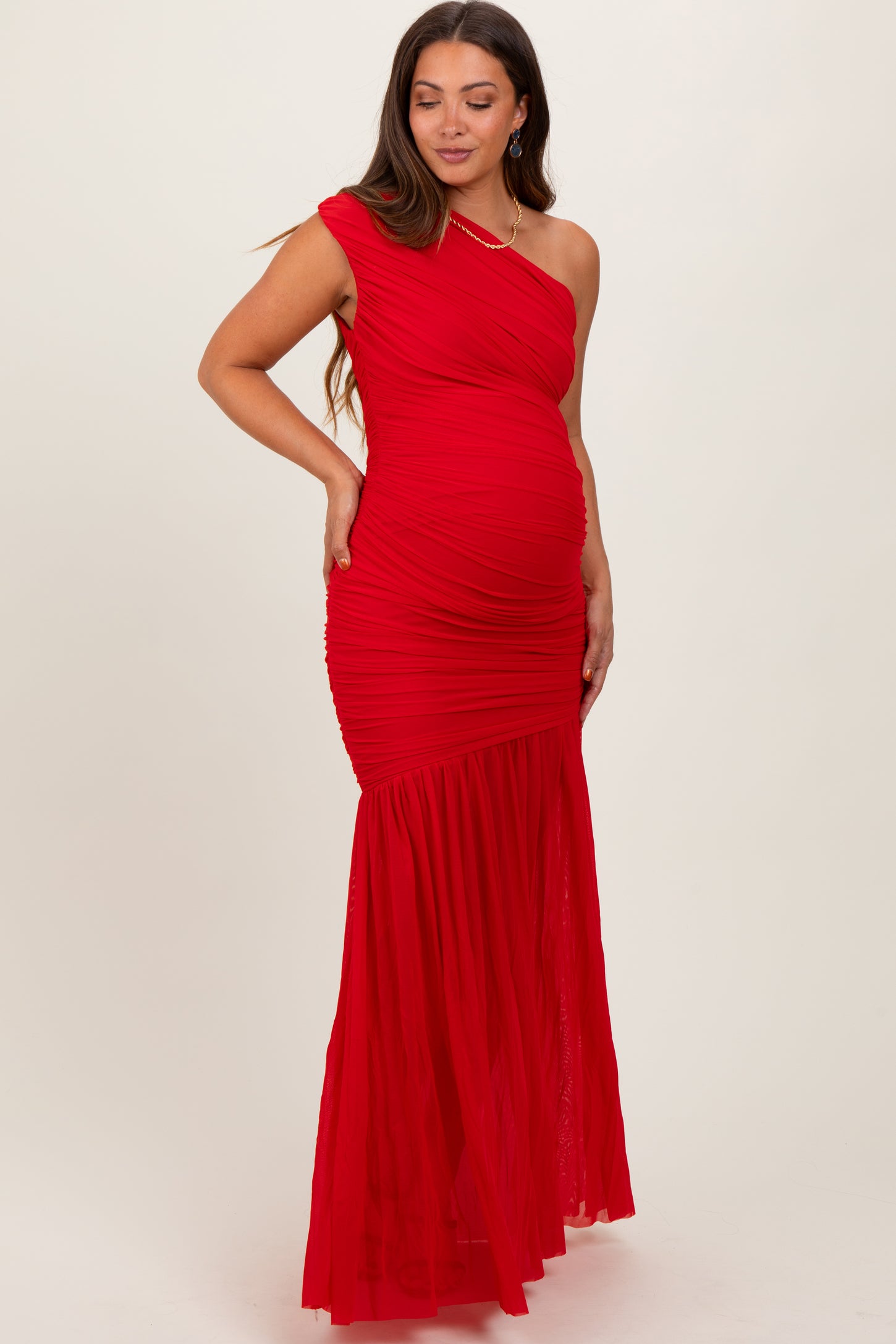 Red Ruched Mesh One Shoulder Maternity Maxi Dress