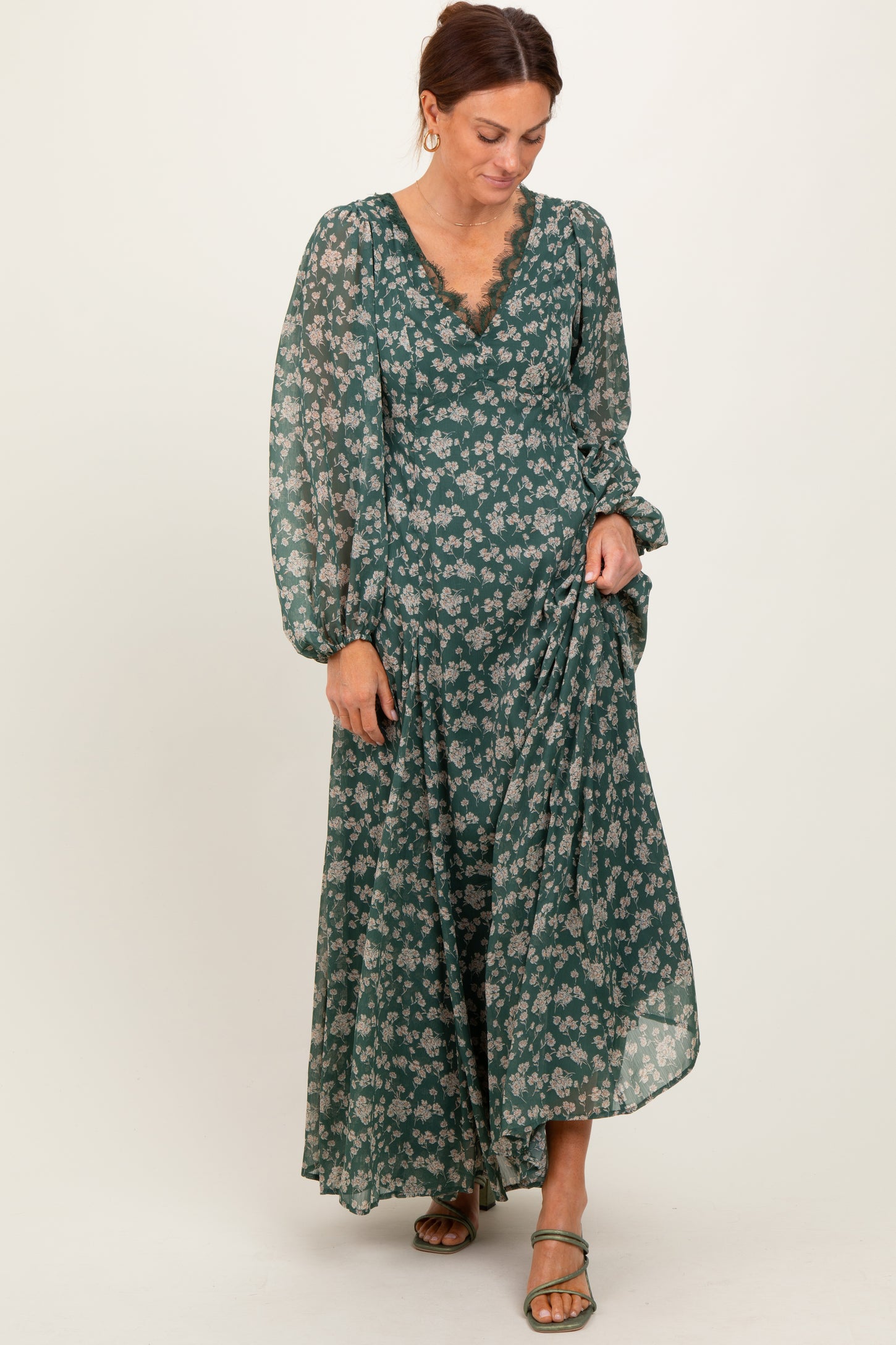 Green Floral Chiffon Lace Trim Back Tie Maxi Dress