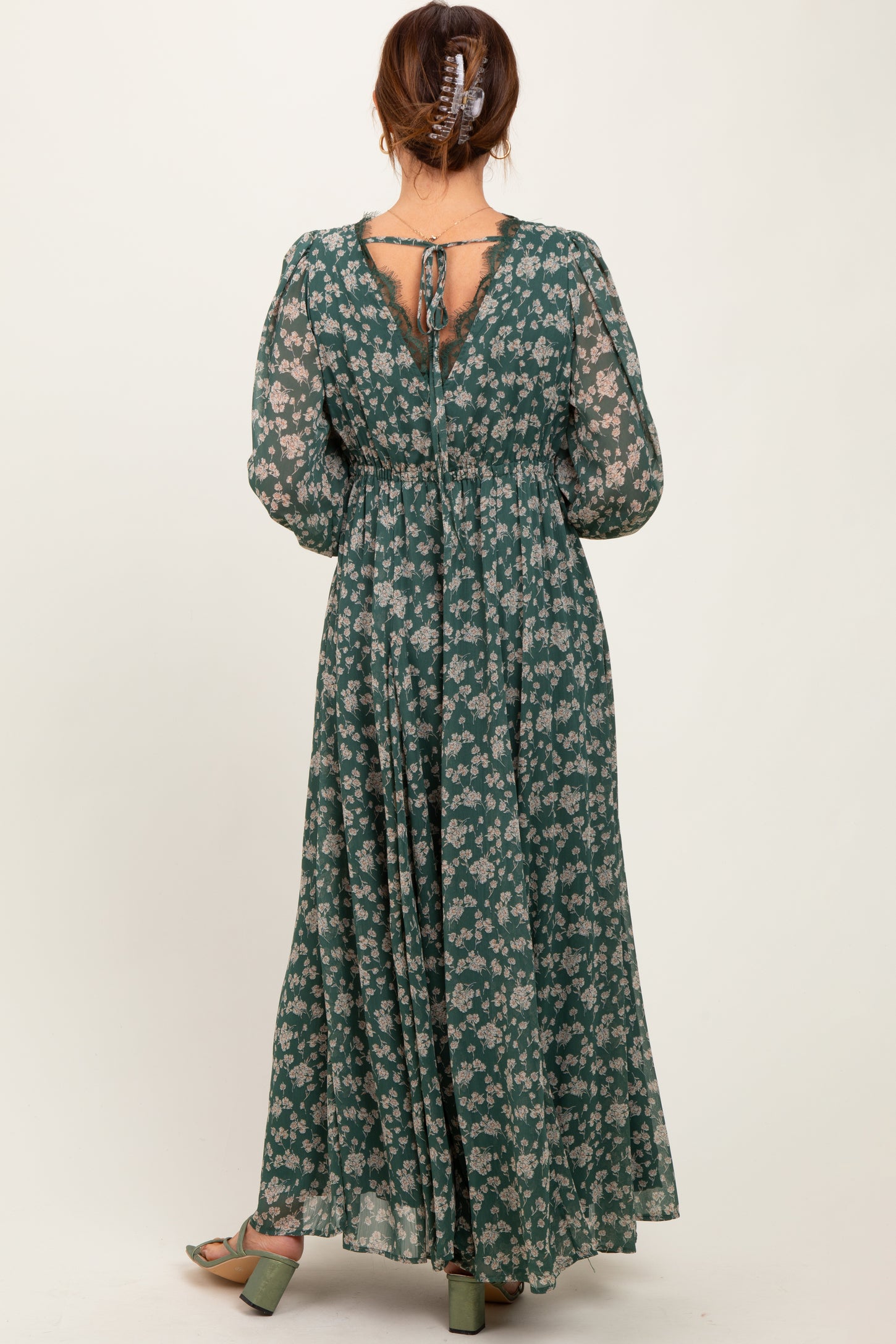 Green Floral Chiffon Lace Trim Back Tie Maxi Dress