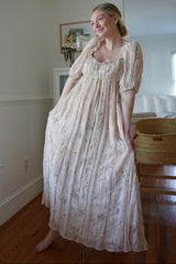 Cream Floral Chiffon Embroidered Ruffle Trim Maxi Dress