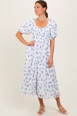 Blue Floral Smocked Bodice Midi Dress
