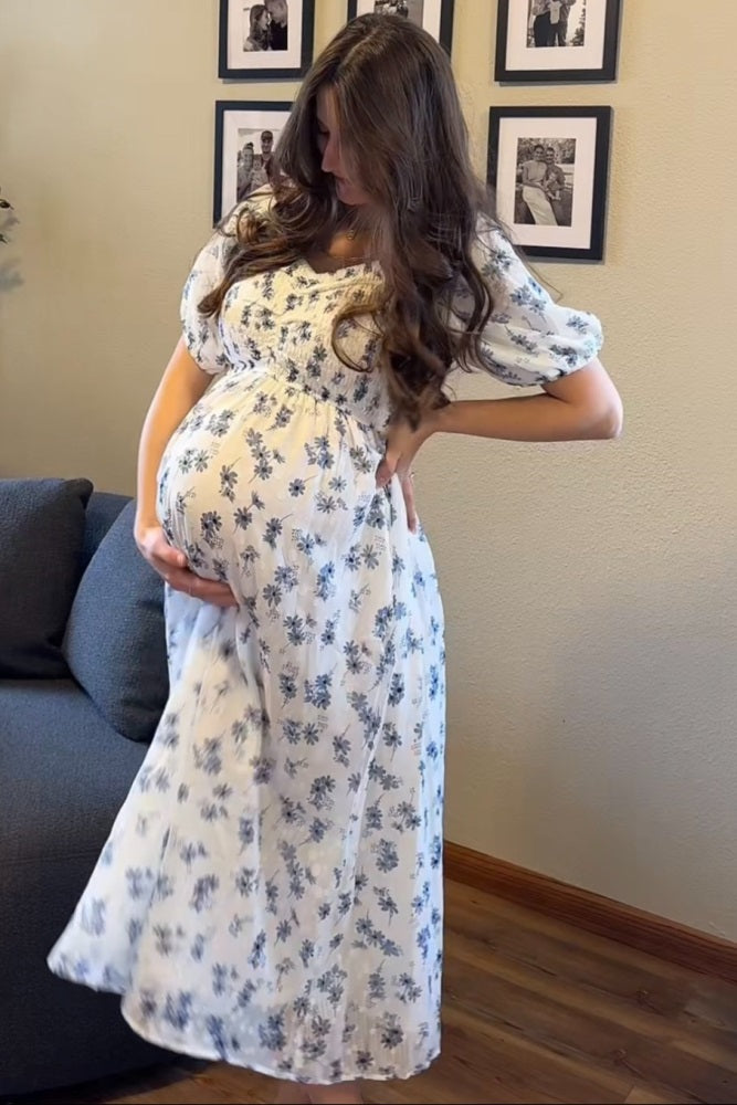 Blue Floral Smocked Bodice Maternity Midi Dress