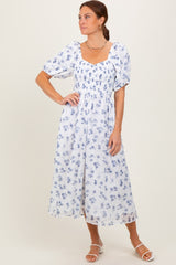 Blue Floral Smocked Bodice Midi Dress