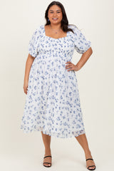 Blue Smocked Cinched Bodice Plus Midi Dress