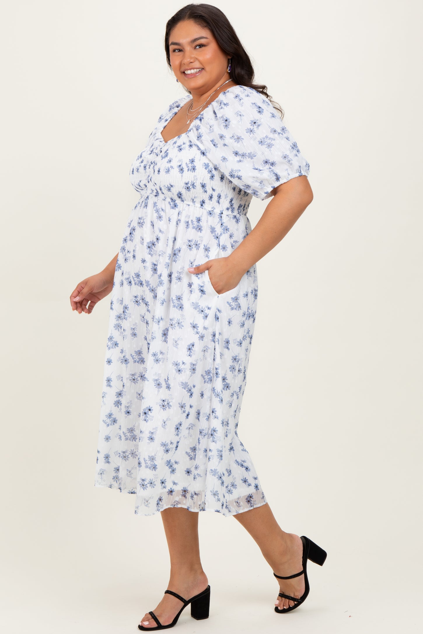 Blue Smocked Cinched Bodice Plus Midi Dress