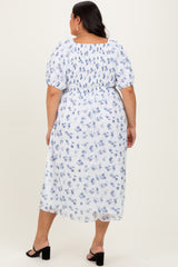 Blue Smocked Cinched Bodice Plus Midi Dress