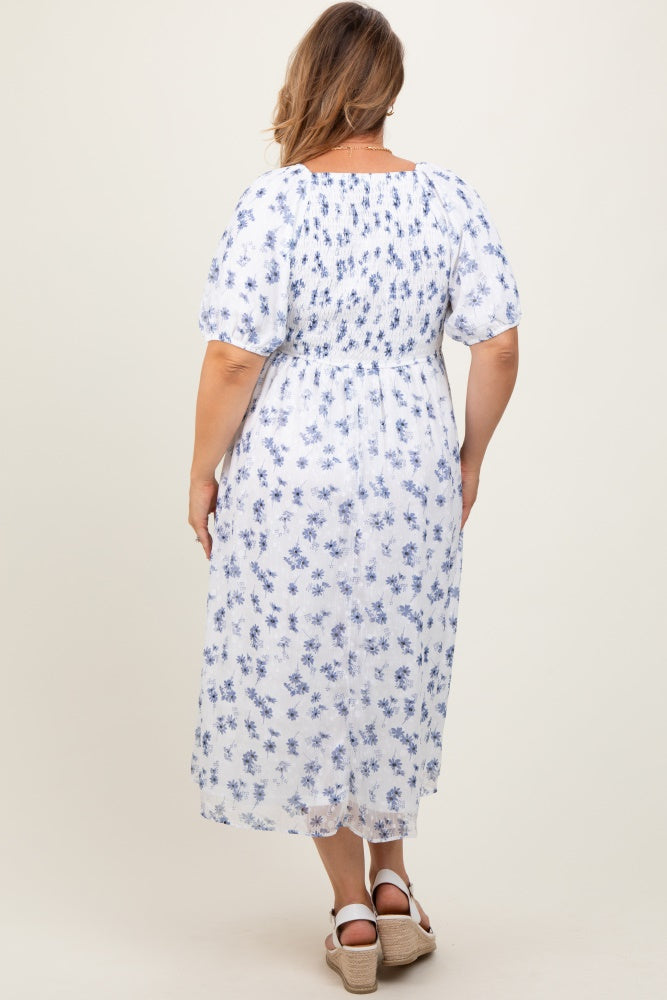 Blue Floral Smocked Bodice Maternity Plus Midi Dress