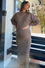 Mocha Ribbed Knit Asymmetric Top Midi Skirt Maternity Set