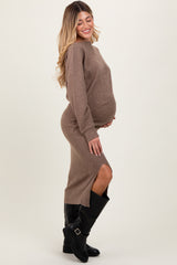 Mocha Ribbed Knit Asymmetric Top Midi Skirt Maternity Set