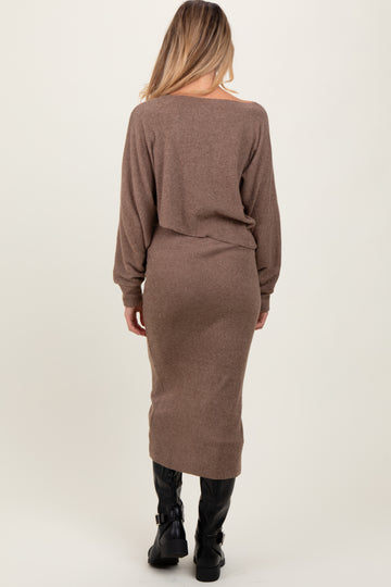 Mocha Ribbed Knit Asymmetric Top Midi Skirt Maternity Set