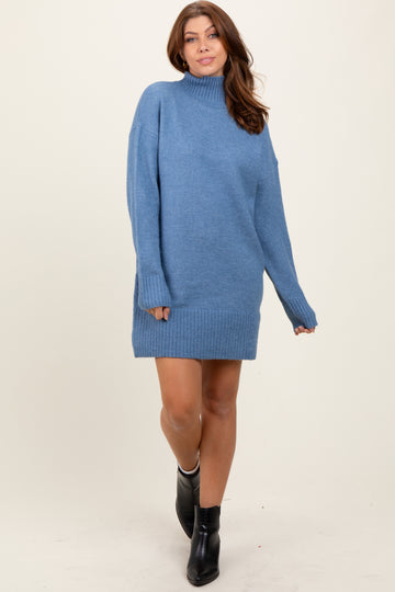 Blue Chunky Knit Turtleneck Mini Sweater Dress