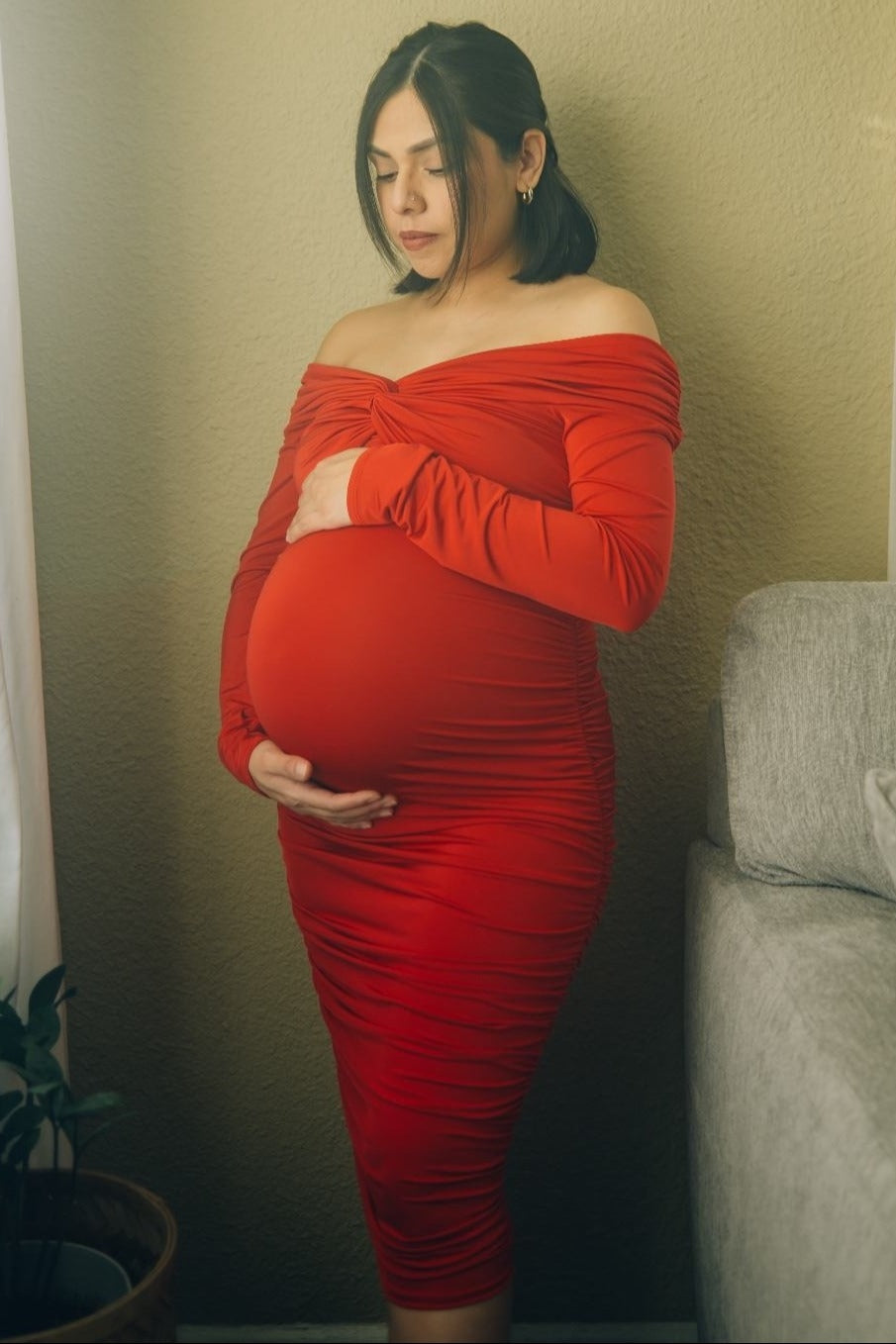 Red Off Shoulder Ruched Long Sleeve Maternity Midi Dress