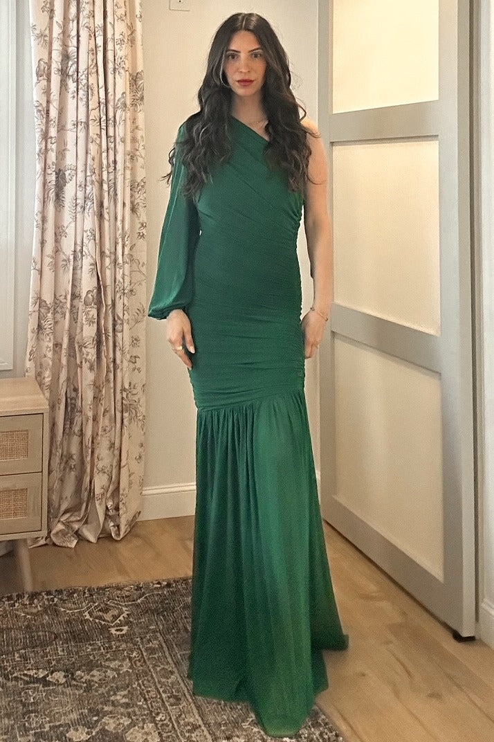 Forest Green Ruched Mesh One Shoulder Asymmetric Maxi Dress