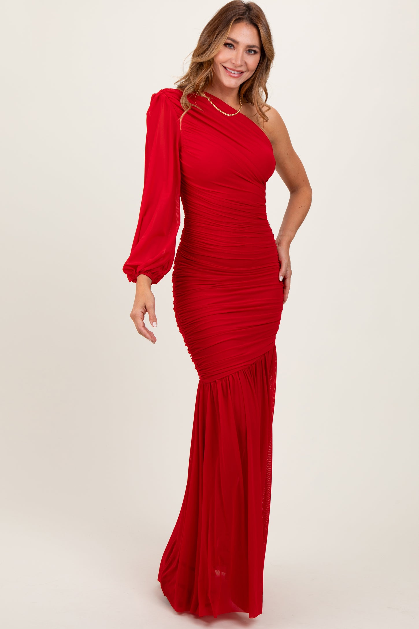 Red Ruched Mesh One Shoulder Asymmetric Maternity Maxi Dress