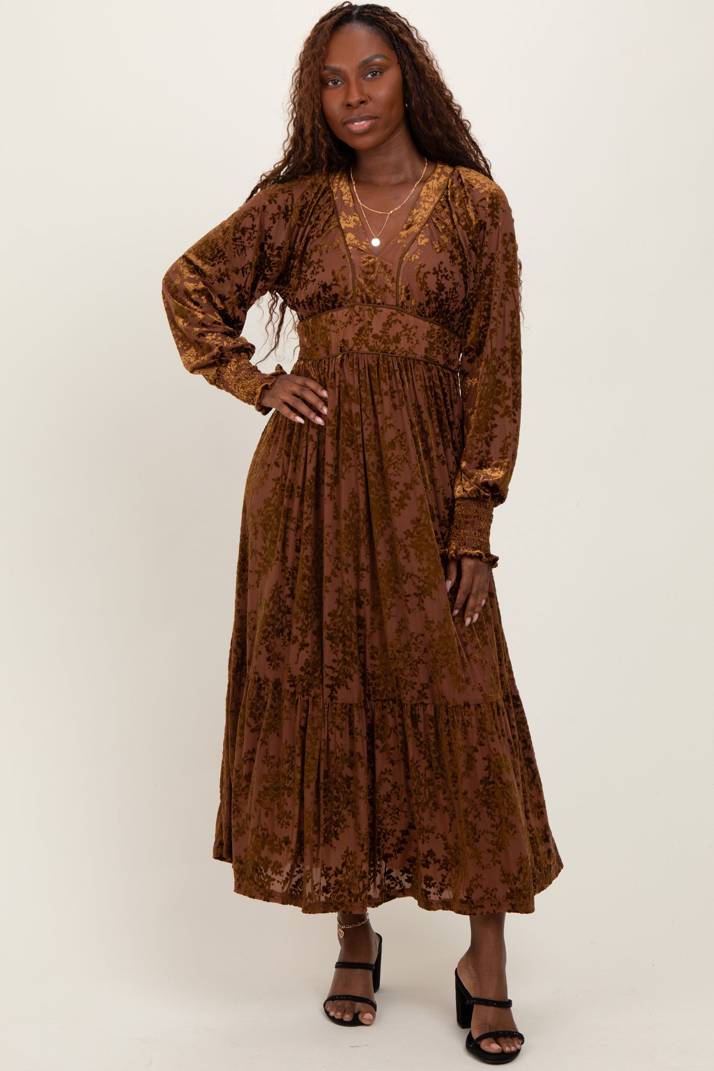 Mocha Floral Velvet Overlay Maxi Dress