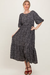 Black Floral Puffed Short Sleeve Maxi Dress