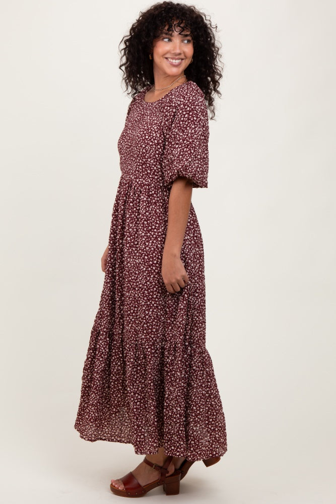 Burgundy Floral Puffed Short Sleeve Maxi Dress