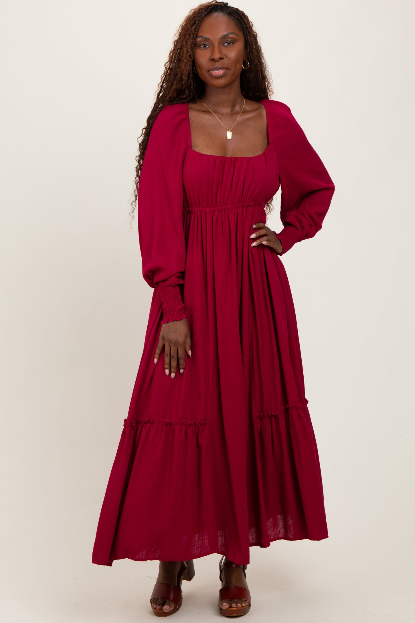 Burgundy Square Neckline Bubble Sleeve Maxi Dress