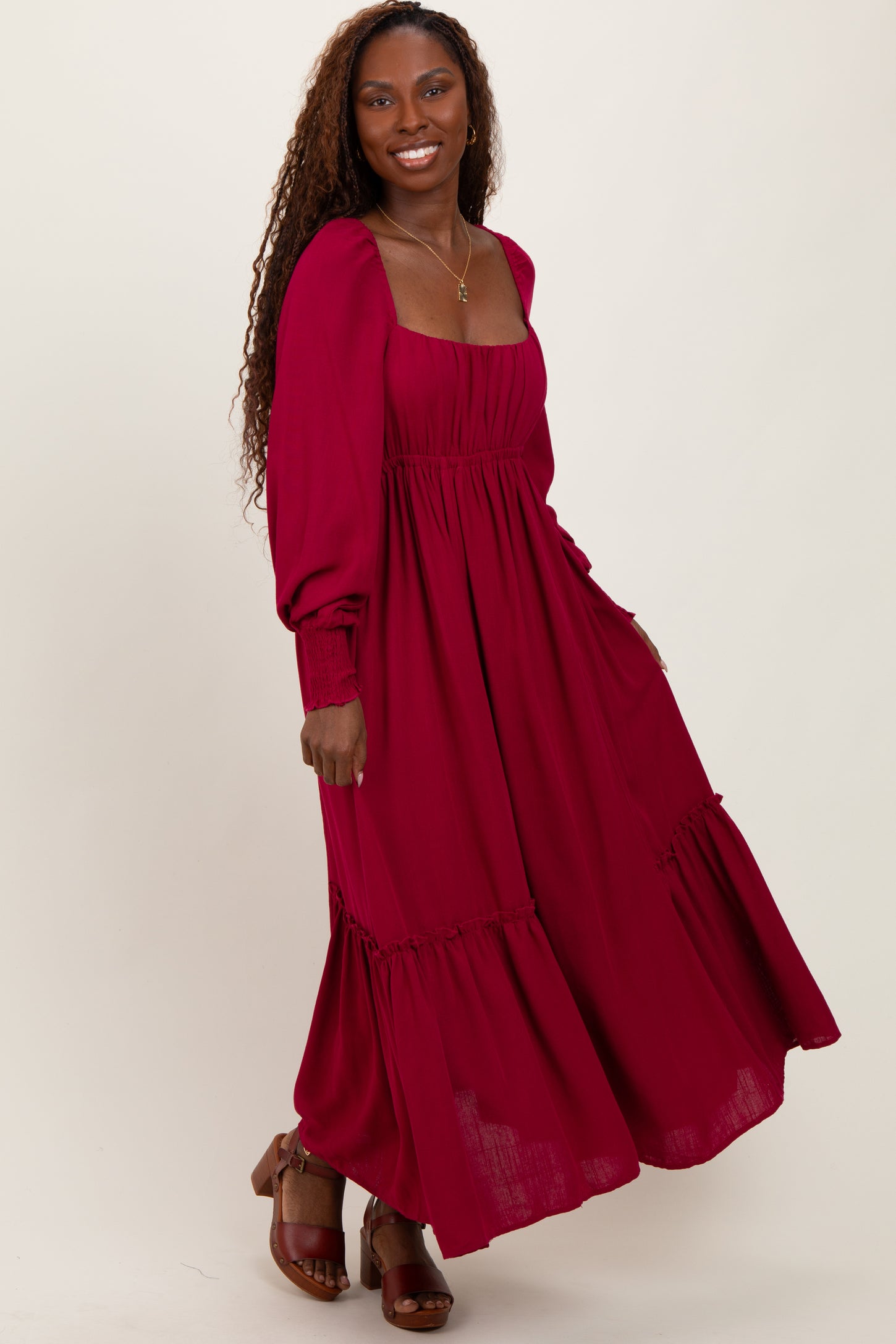 Burgundy Square Neckline Bubble Sleeve Maternity Maxi Dress