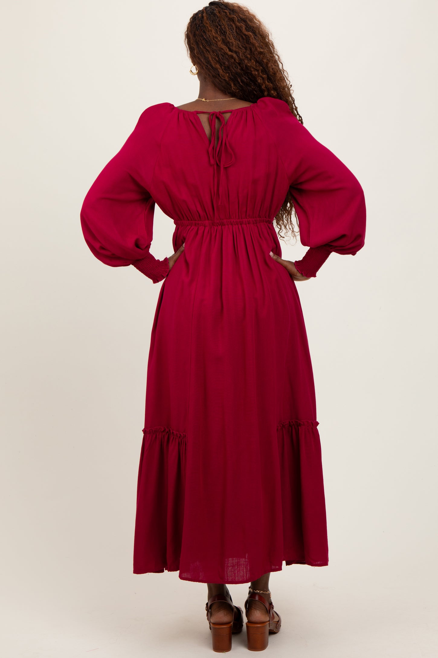 Burgundy Square Neckline Bubble Sleeve Maxi Dress
