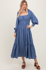 Blue Square Neckline Bubble Sleeve Maxi Dress
