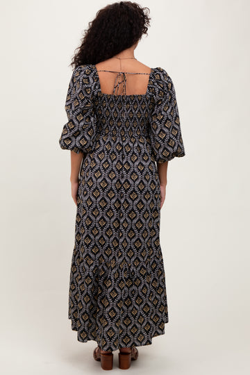 Black Damask Print Smocked Maxi Dress