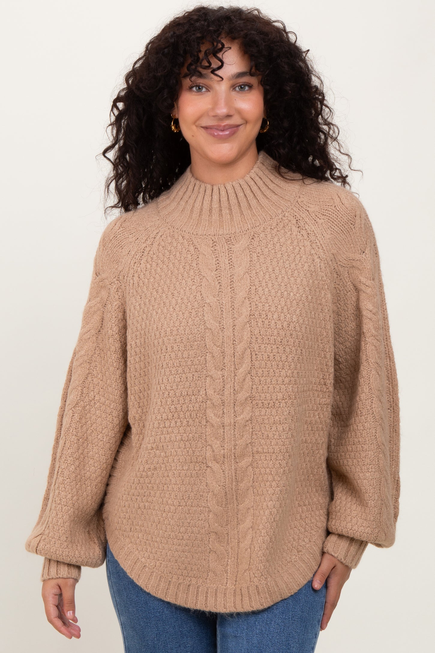Beige Mixed Chunky Cable Knit Mock Neck Maternity Sweater