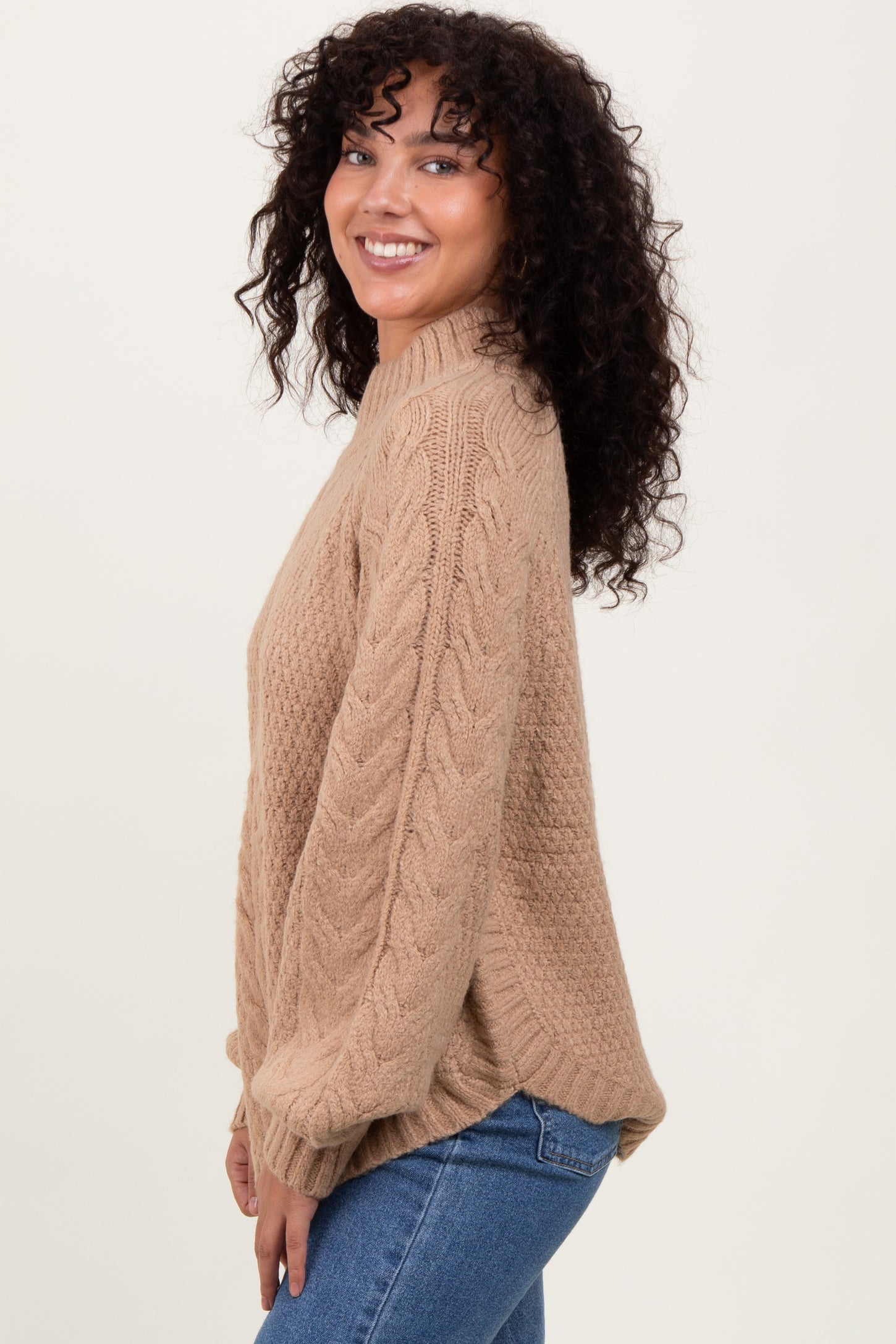 Beige Mixed Chunky Cable Knit Mock Neck Sweater