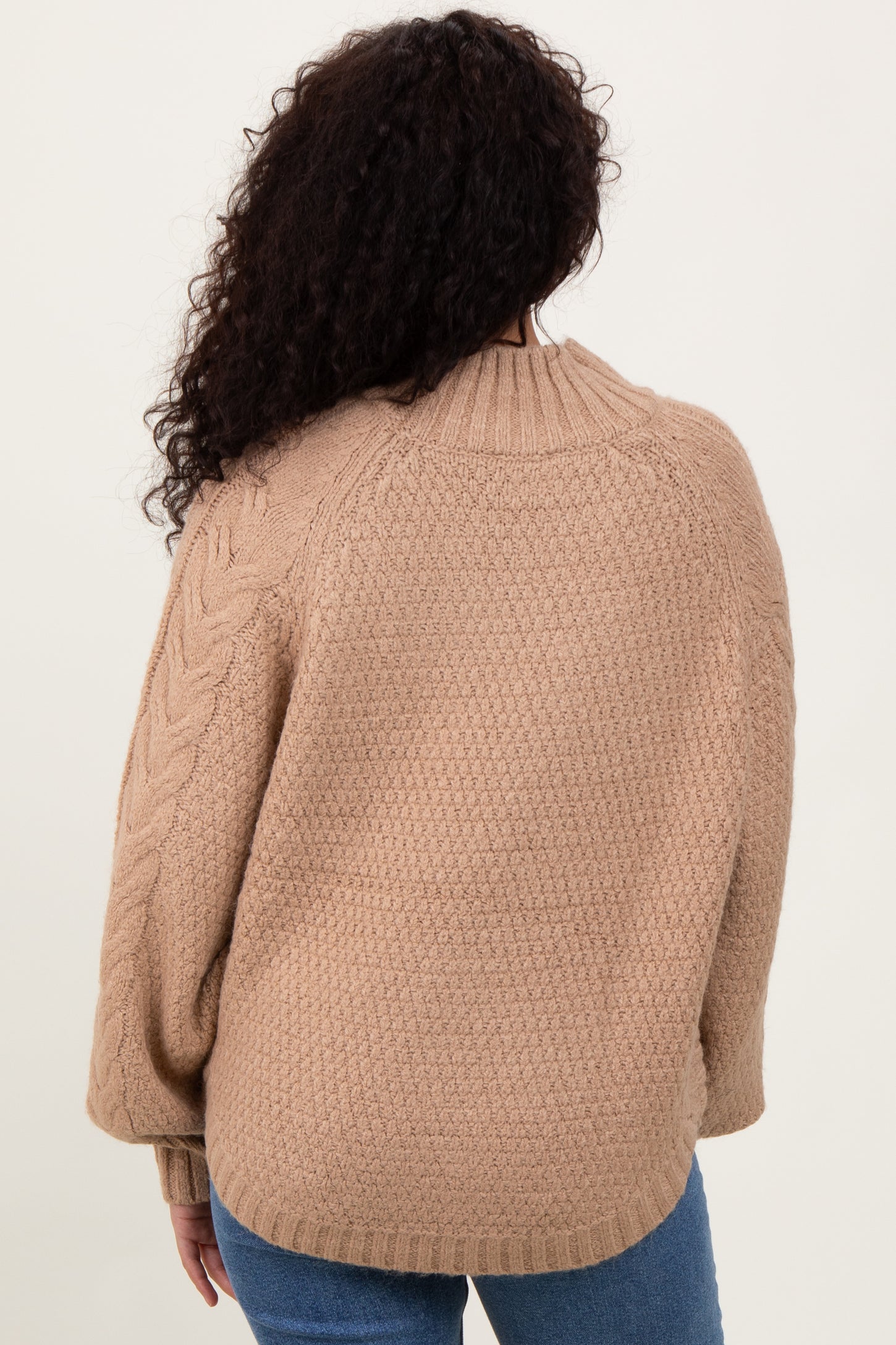 Beige Mixed Chunky Cable Knit Mock Neck Sweater