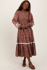 Mocha Smocked Floral Crochet Lace Trim Maternity Maxi Dress