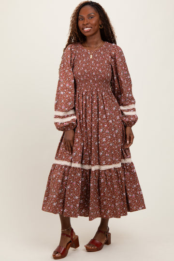 Mocha Smocked Floral Crochet Lace Trim Maxi Dress